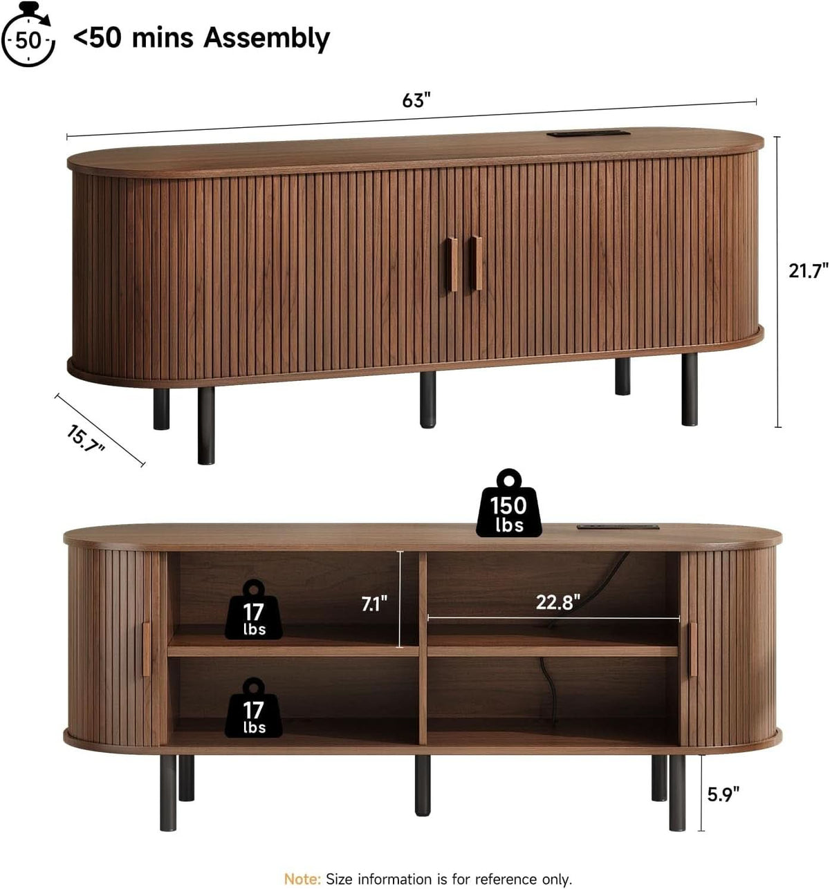 Walnut 63 Inch TV Stand With Entertainment Center Storage