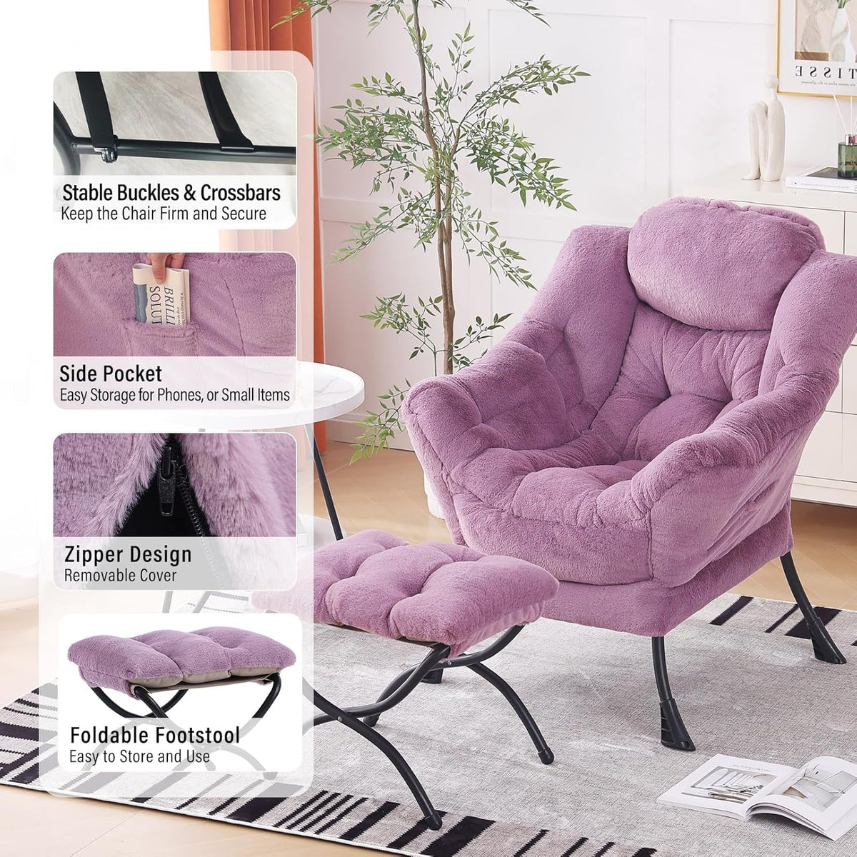 Luxurious Purple Plush Chair With Ottoman Oversized