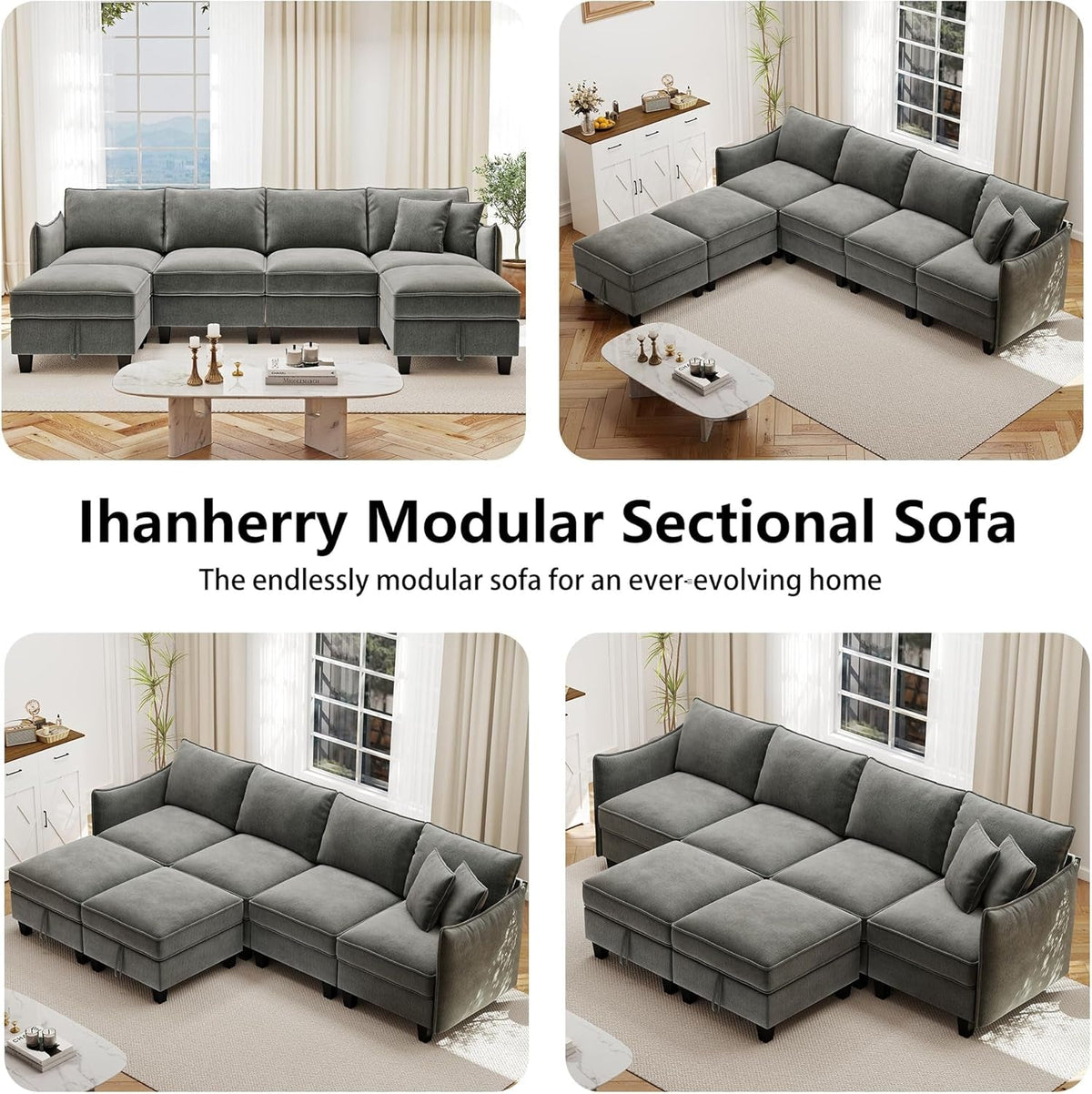 Charcoal Grey Luxurious Modular U Shaped Sectional
