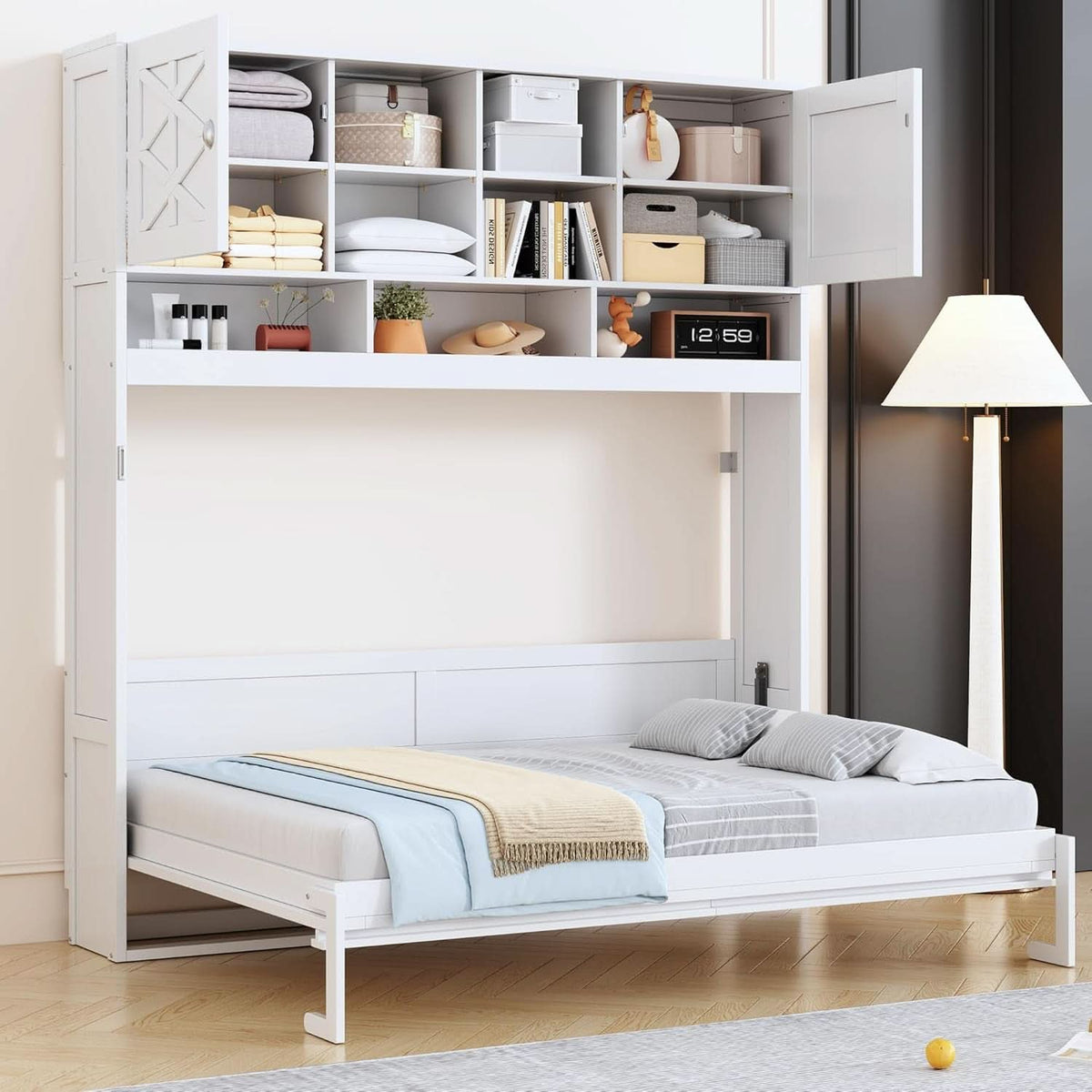 Queen Murphy Bed With Bright White Storage Cabinets