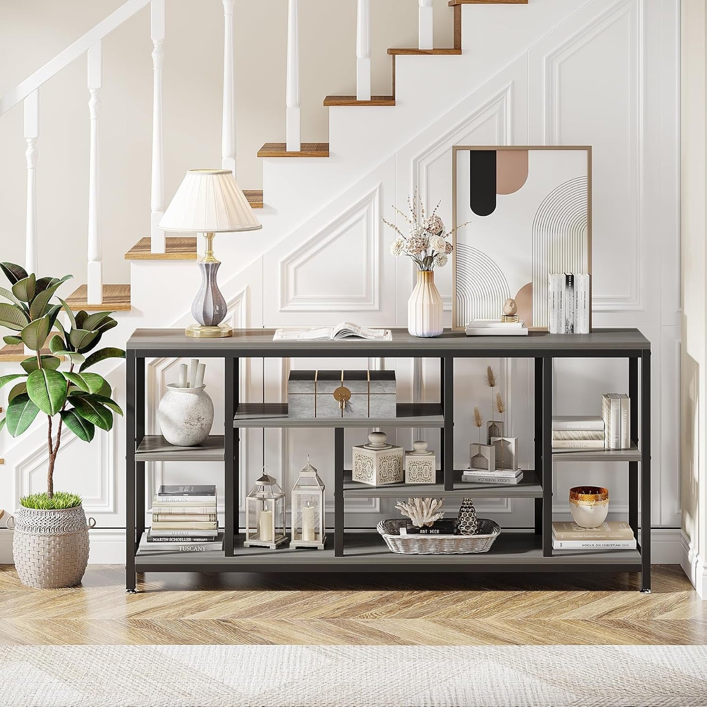 Grey Industrial Grade Console Sofa Table 70Inch Shelves
