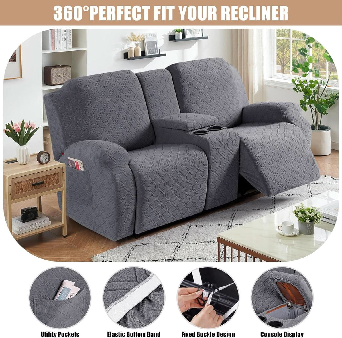 Dark Gray Recliner Loveseat Slipcover Center Console