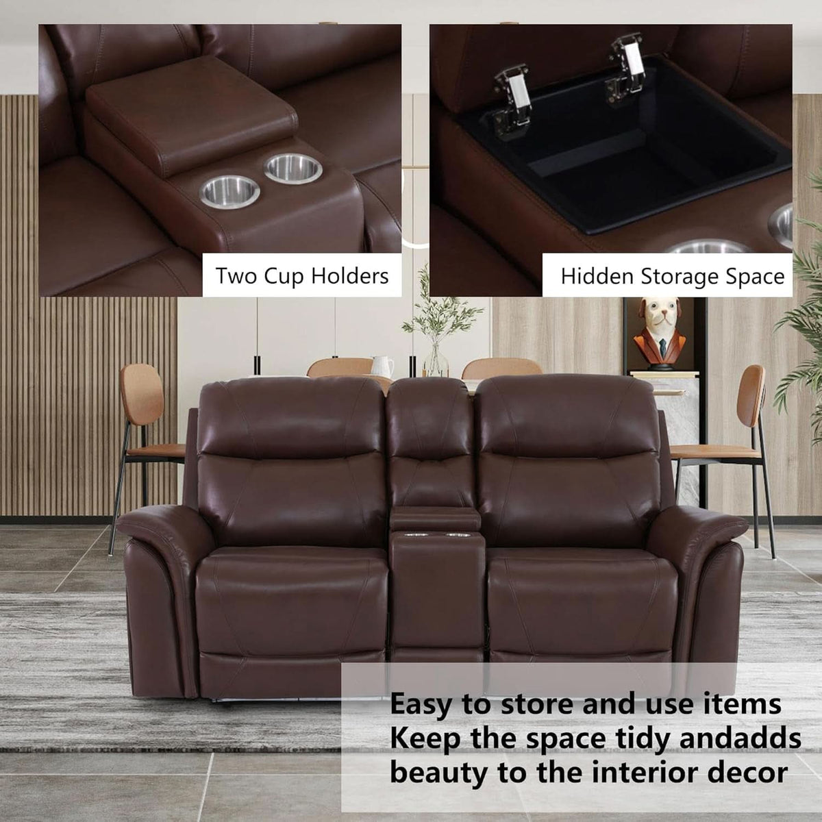 Power Recliner Sofa Set With LED Leather 3 Piece Brown Living Room