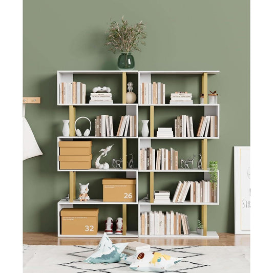 Gold 5 Tier S Shaped Wooden Bookcase For Living Room-1