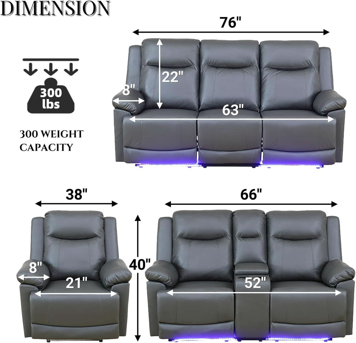 Power Recliner Sofa Set Leather With USB Ports Living Room