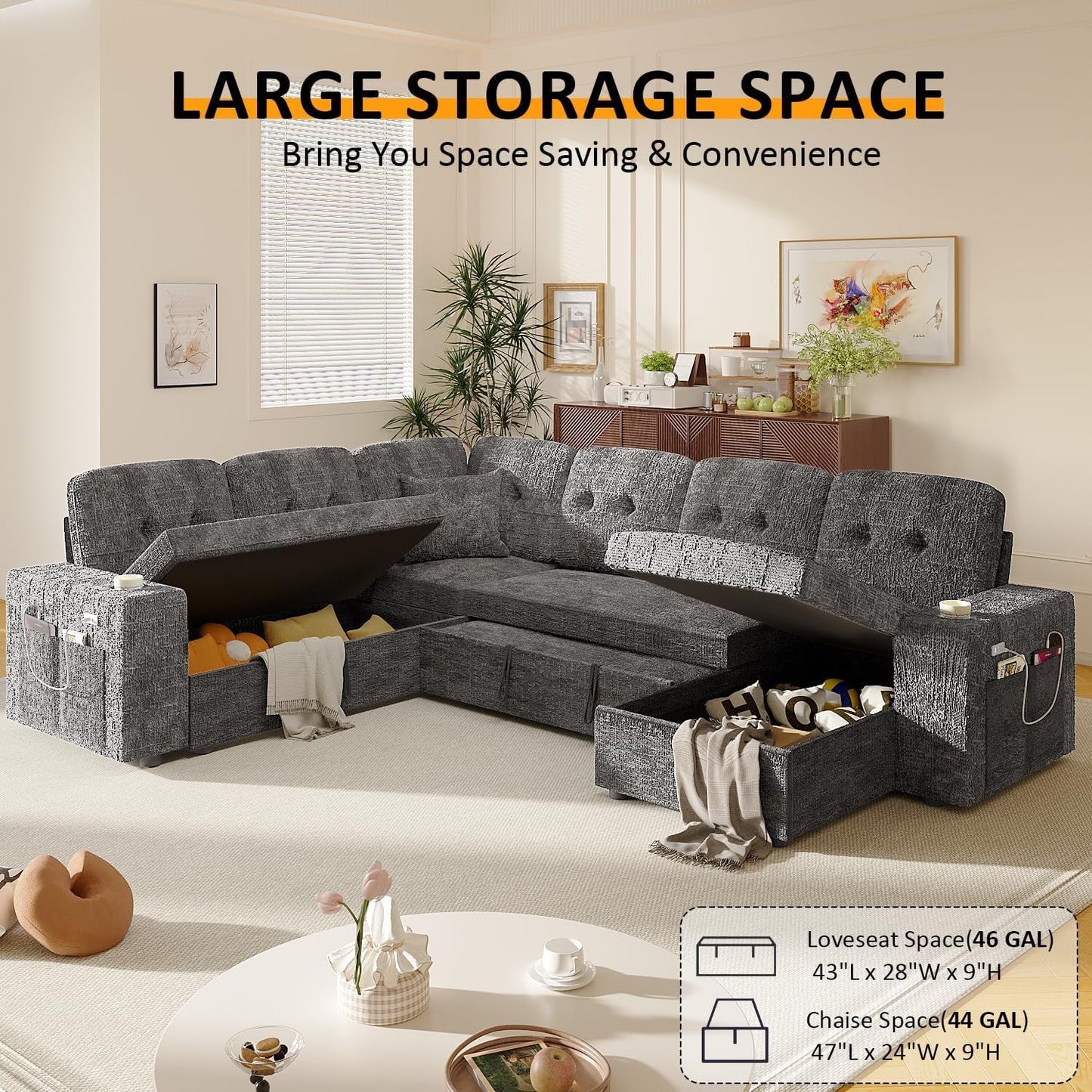 Modular Sleeper Sofa 108Inch Grey Chenille Upholstered