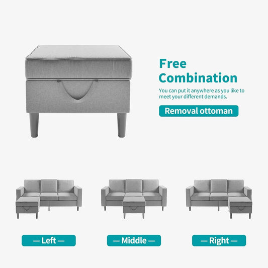 Light Grey Living Room Sofa Set With Movable Ottoman-1
