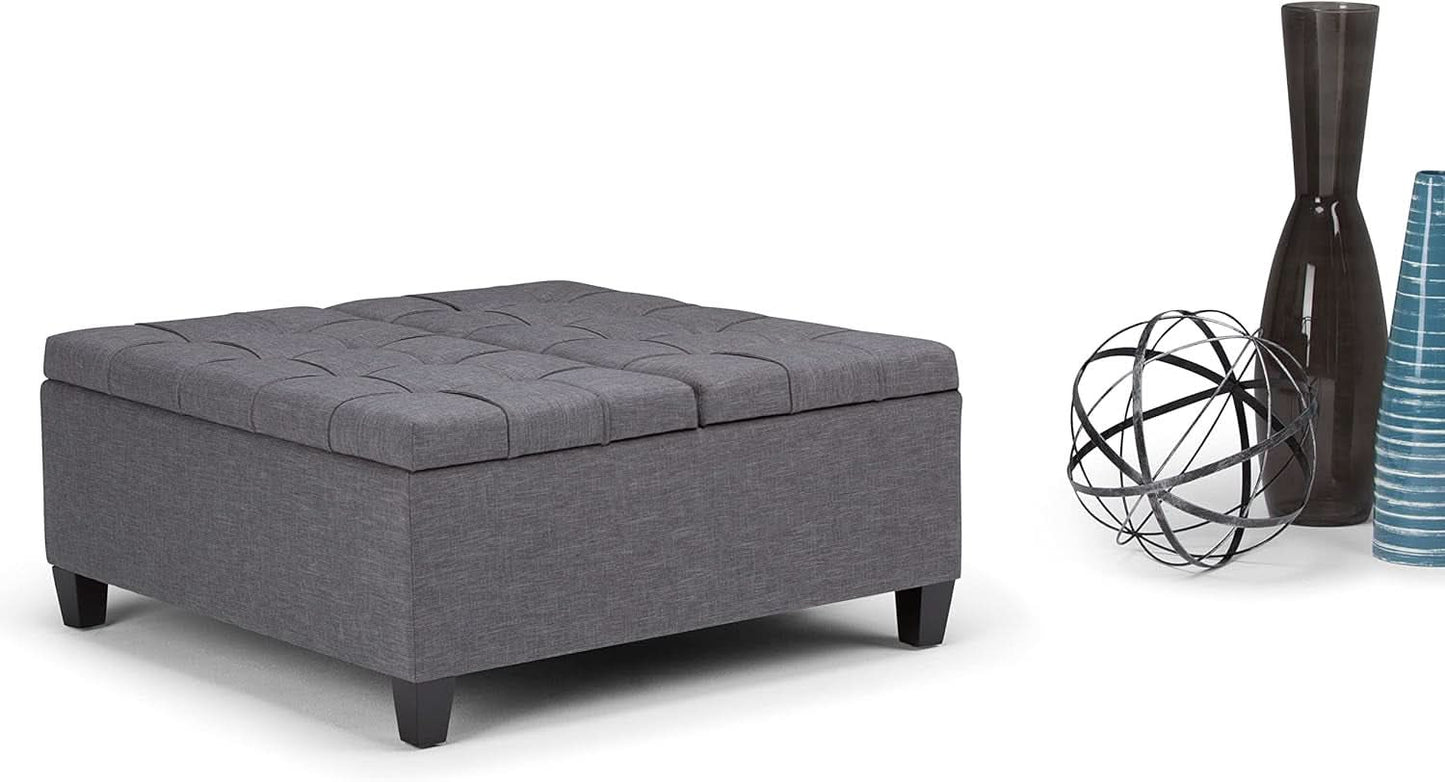Slate Grey Linen Upholstered Lift Ottoman StorageCompartment