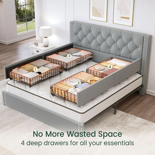 Queen Velvet Grey Upholstered Platform Bed Frame Storage