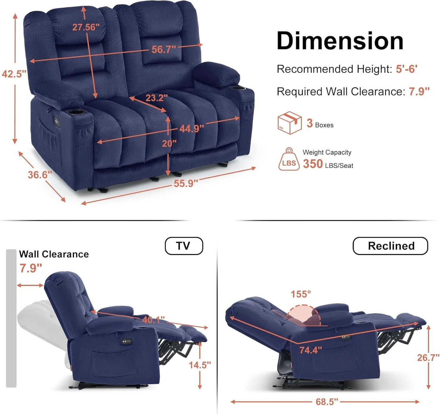 Navy Blue Zero Gravity Therapeutic Massage Recliner
