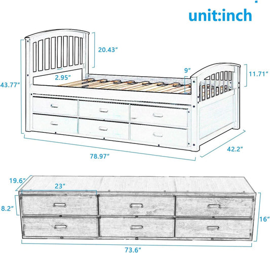 Platform Storage Bed Solid Wood Bed with 6 Drawers Twin Size