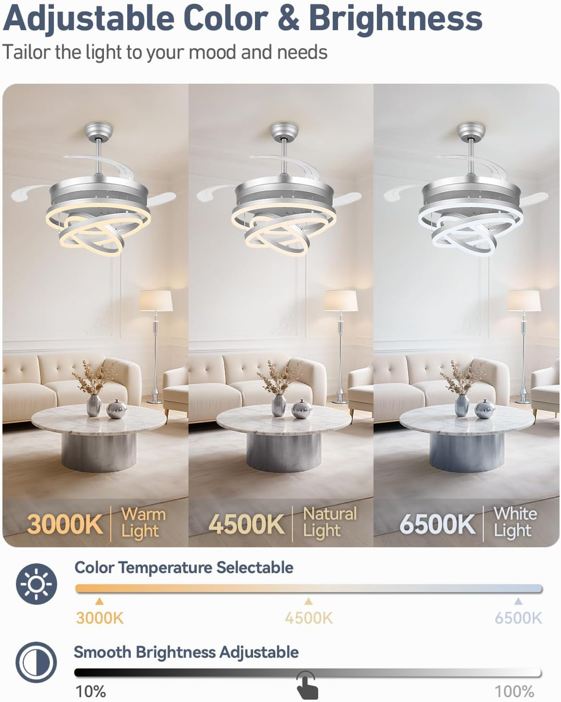 42 Inches Fandelier Retractable Ceiling Fan Silver