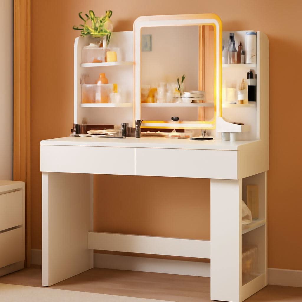 Executive White Vanity Desk Multicolored LED Mirror