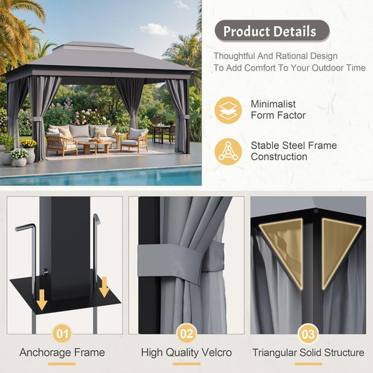 10x13 Outdoor Gazebo Integrated Mosquito Netting Grey