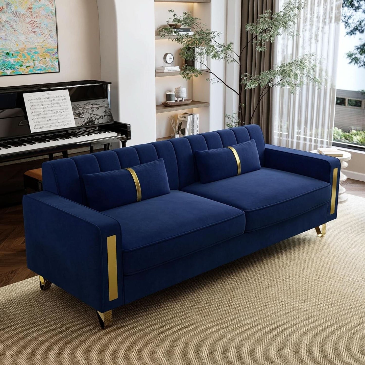 2 Piece Velvet Loveseat Sofa Set For Living Room 86 Inch Blue With Gold Metal Legs And 4 Pillows-4
