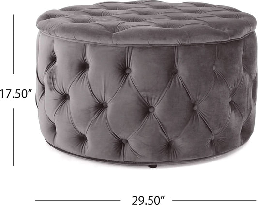 Grey Velvet Button Tufted Diamondlike Stitch Ottoman