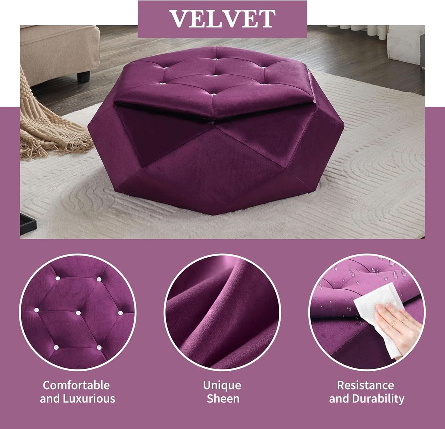 Purple Velvet Storage Ottoman With Hidden Compartment
