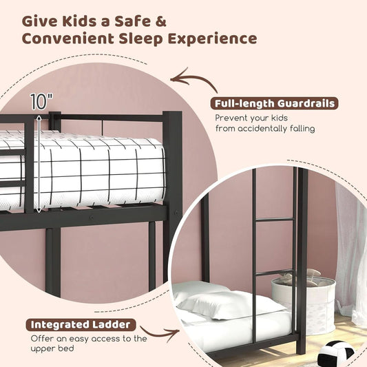 Metal Bunk Bed Twin Over Twin With Safety Guard Rails