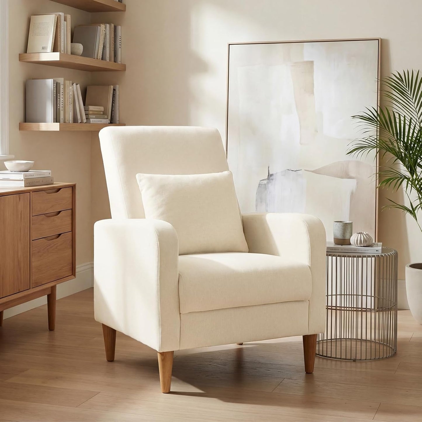 Beige Upholstered Accent Chair Featuring Lumbar Pillow