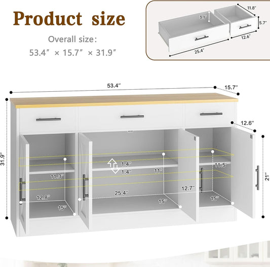 53 Inch White Buffet Cabinet With Drawers For Dining Room