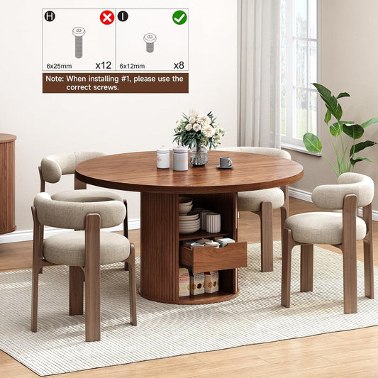 Circular Walnut Dining Table 47 Inch Storage Drawer