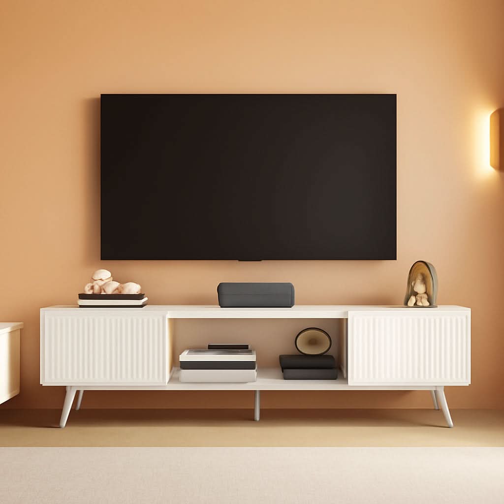 White Fluted TV Stand With Integrated Storage Cabinet