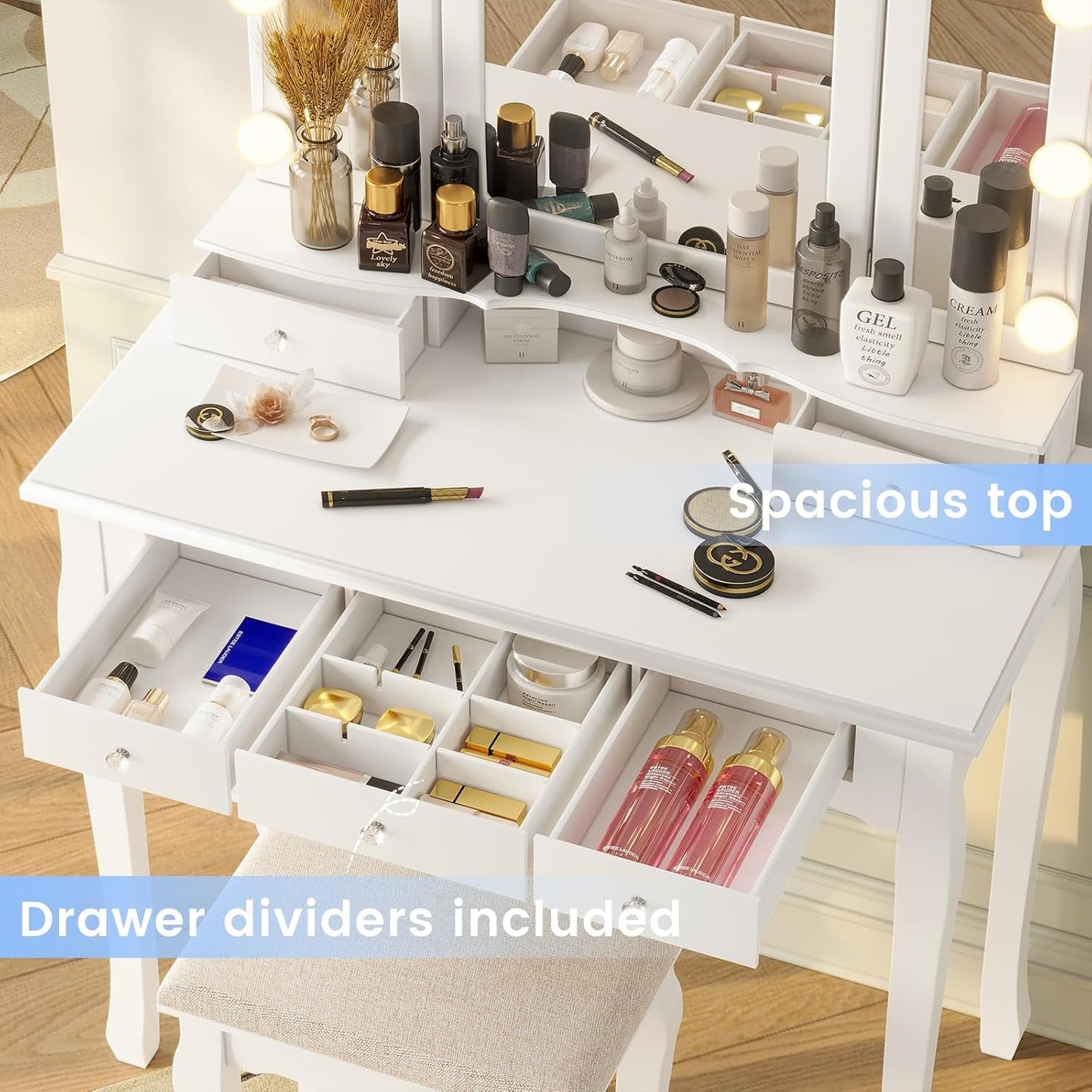 White Makeup Vanity With Dimmable Hollywood Lights