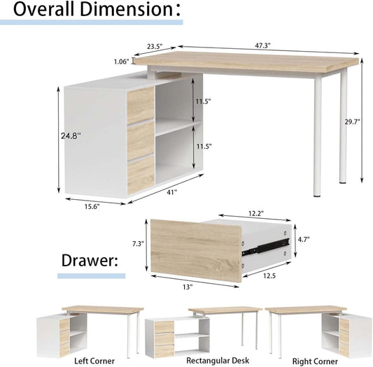 L Shaped Desk 47Inch White Walnut Home Office Storage
