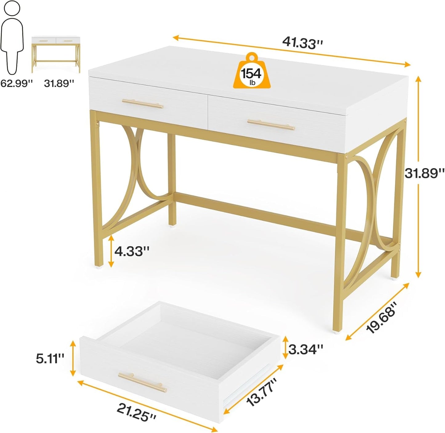 White And Gold 41Inch Workstation Desk With Drawers