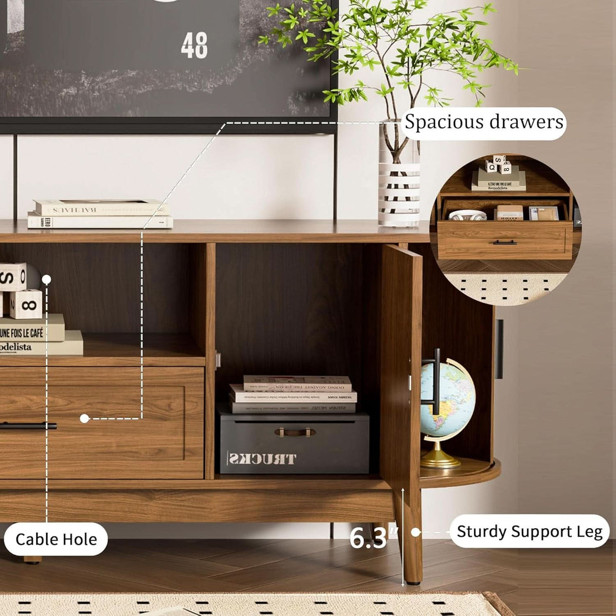 63 Inch Fluted Midcentury TV Entertainment Center Stand