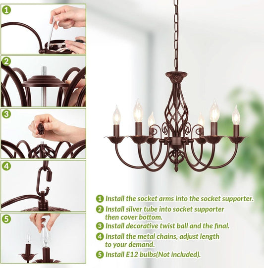 Six Light Farmhouse Candle Chandelier Oil Rubbed Brown Ceiling Light