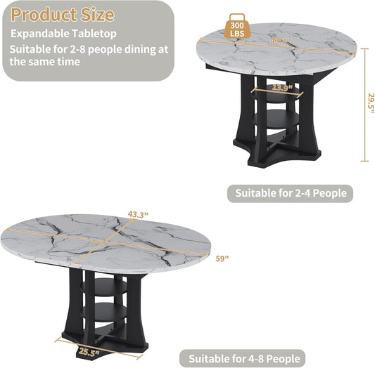 Extendable Dining Table 43 To 59 White Faux Marble Oval