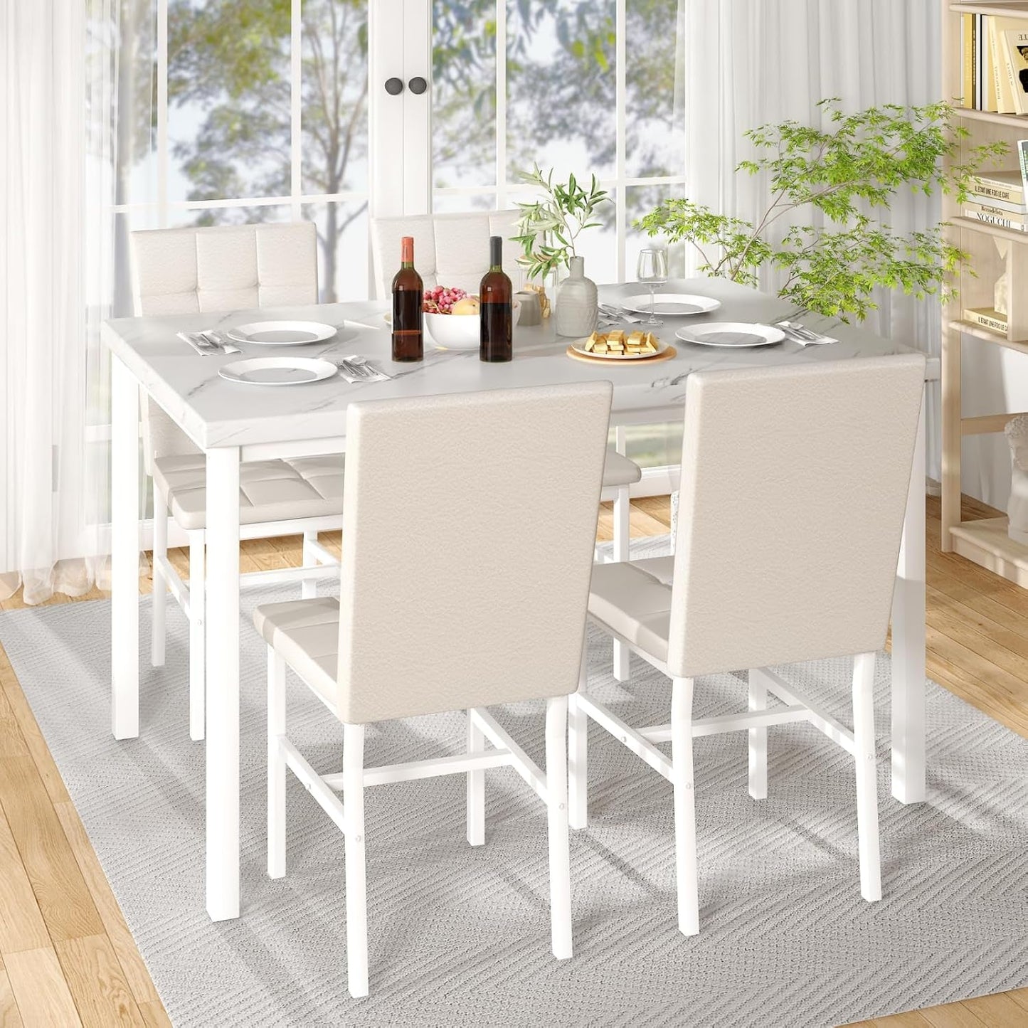Snow White Marble Patterned Dining Table Set FivePiece