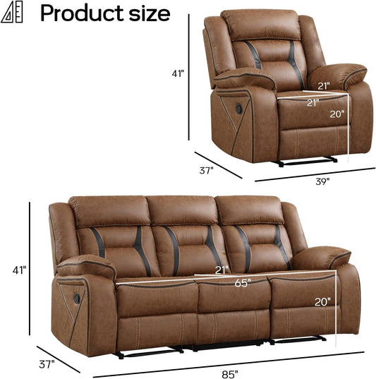 Brown Faux Leather Recliner Sofa Set Luxury Living Room Furniture