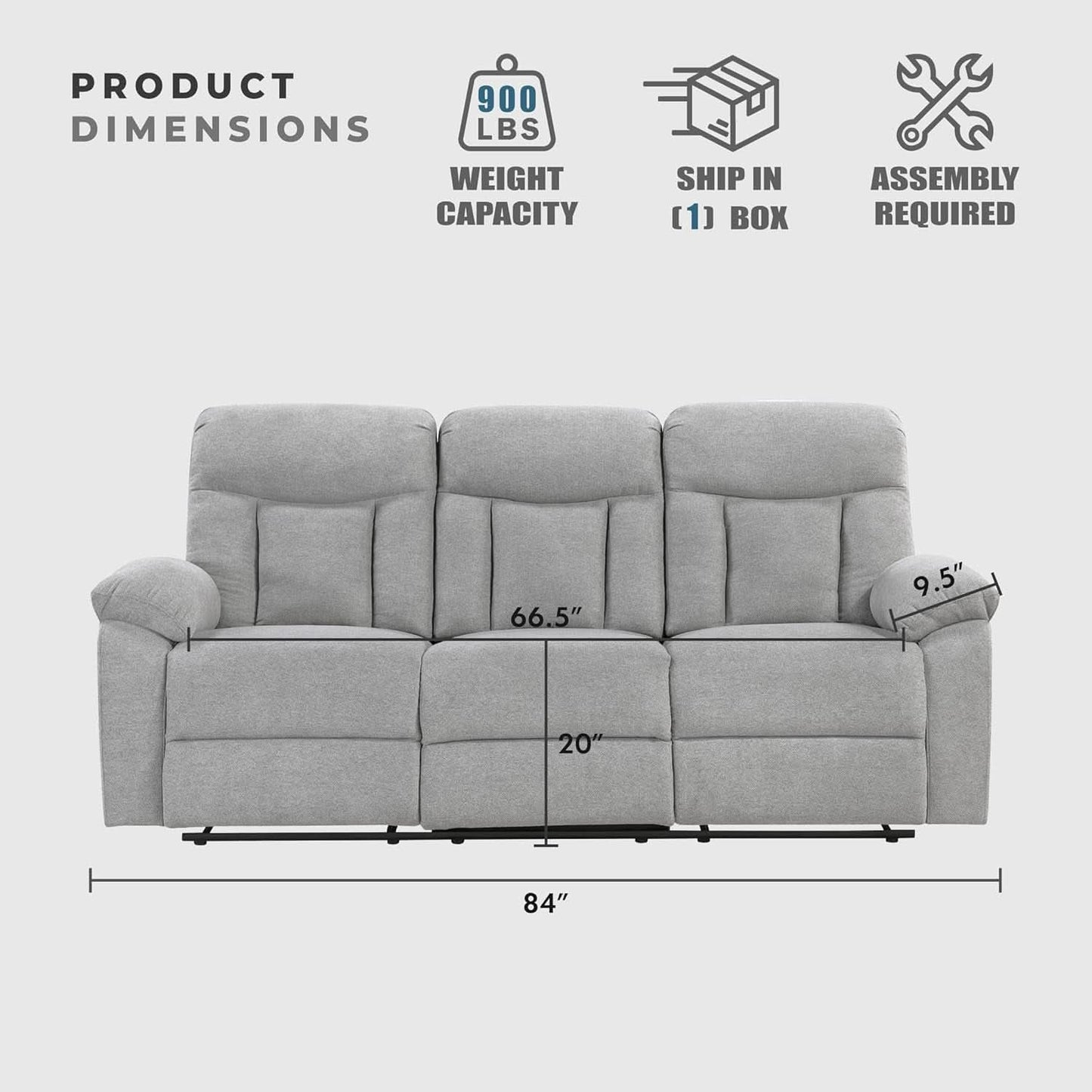 Gray Chenille Double Recliner Sofa Durable Upholstery
