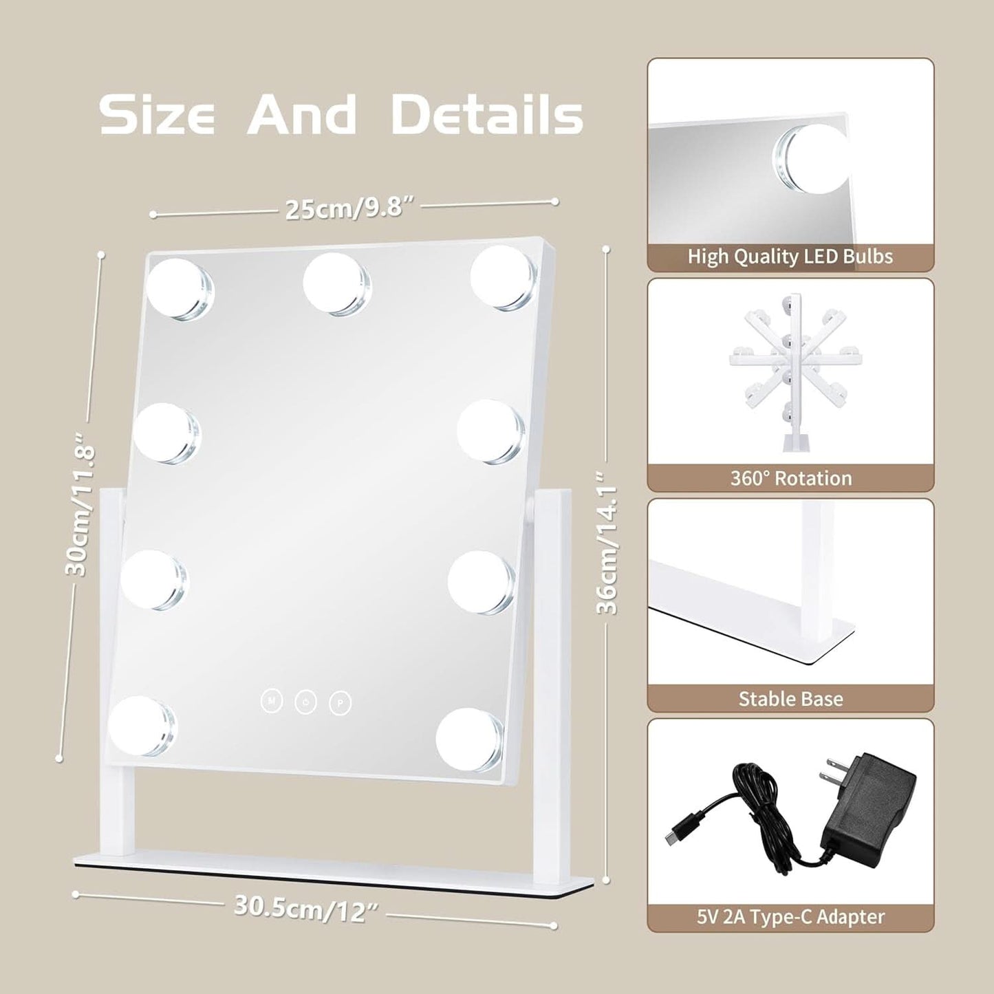 Lighted Makeup Vanity Mirror With 3 Color Modes And 10X Magnification White