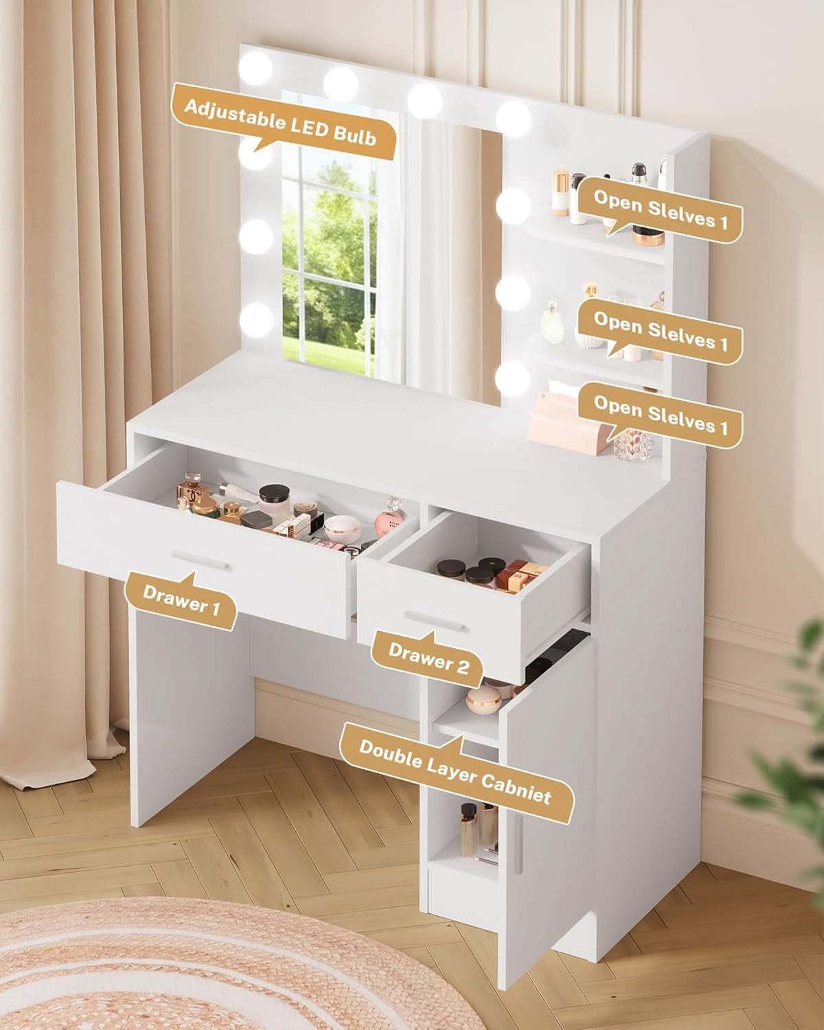 Luxurious White Vanity Desk Featuring Dimmable Mirror