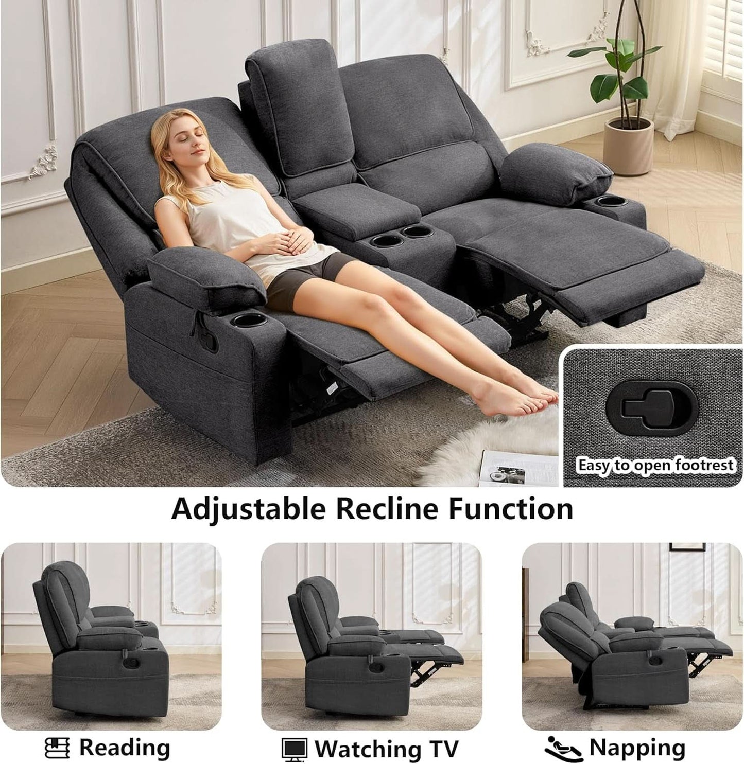 67.9 Inch RV Dark Leatherette Living Room Sofa Recliner