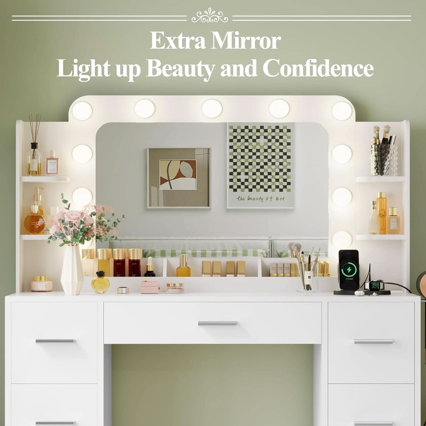 Makeup Vanity Desk White Illuminated Mirror Shelves