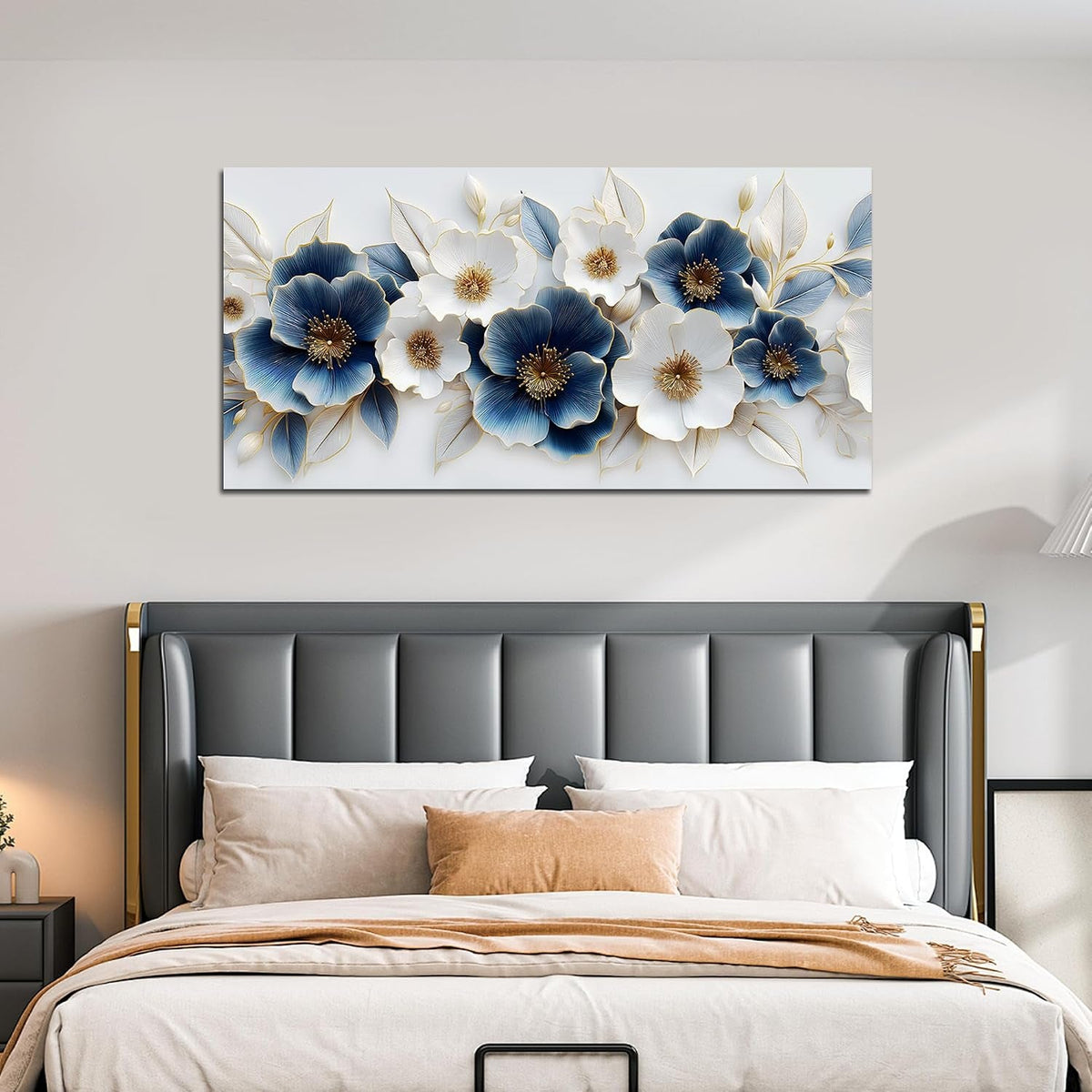 Framed Blue White Floral Canvas Wall Art 20x40 Ready To Hang