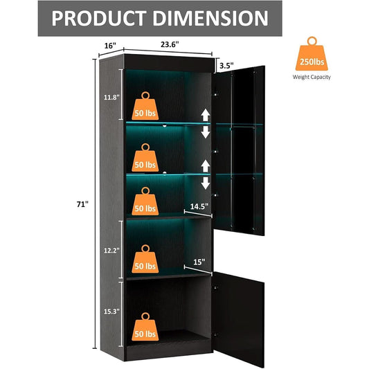 Two Piece 71 Inch Tall Bookcase Storage Cabinet With Glass Doors Set Of Two For Living Room And Office-1