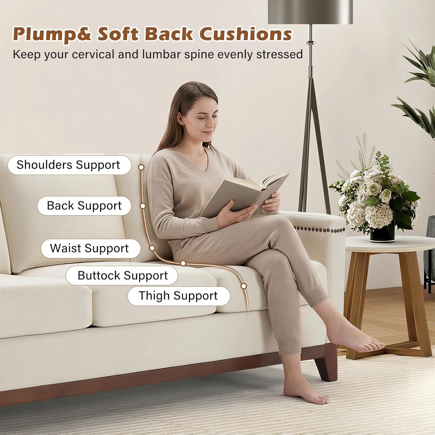 Beige ThreeSeater Upholstered Sofa With Nailhead Trim-4