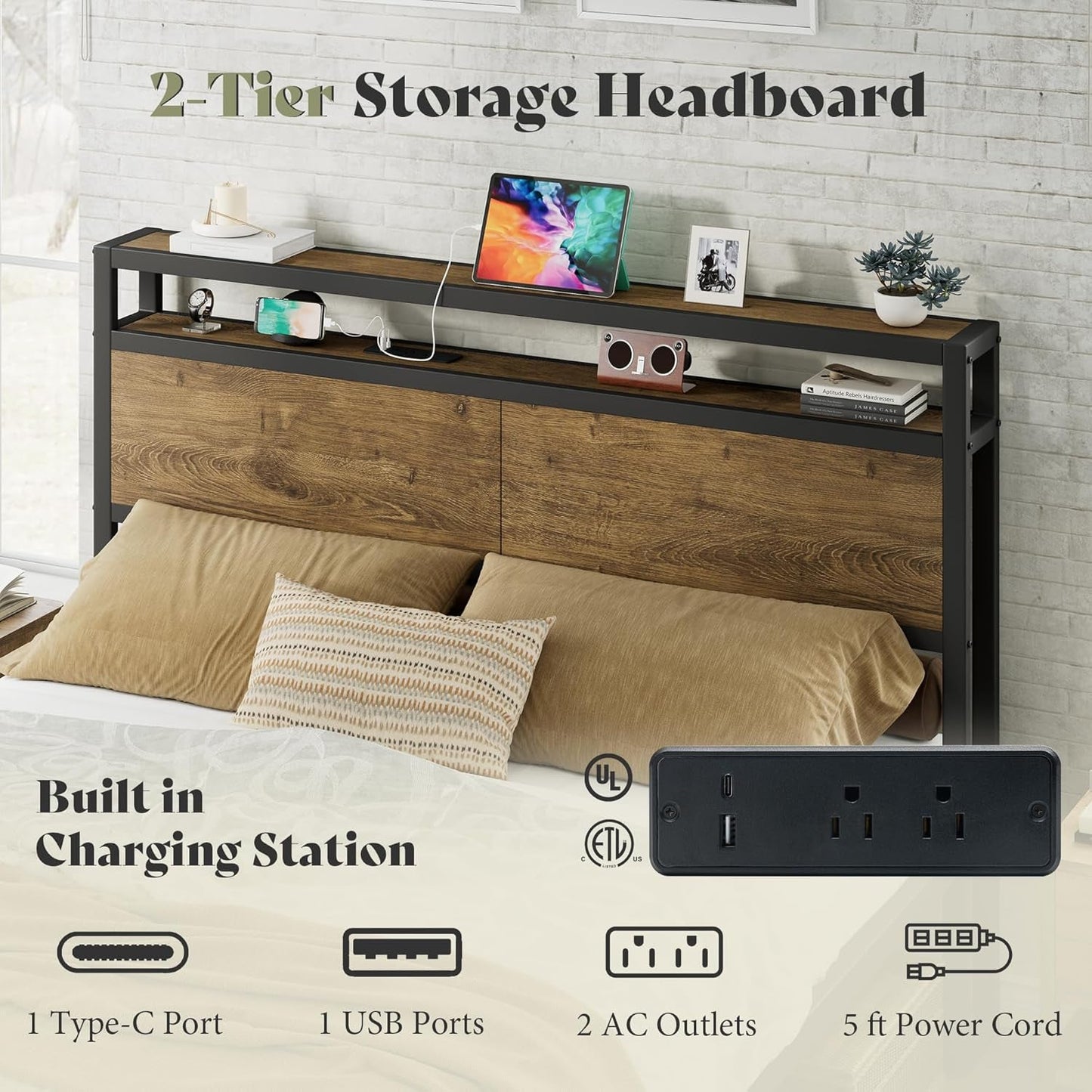 Full Size Brown Industrial Bed Frame Under bed Storage