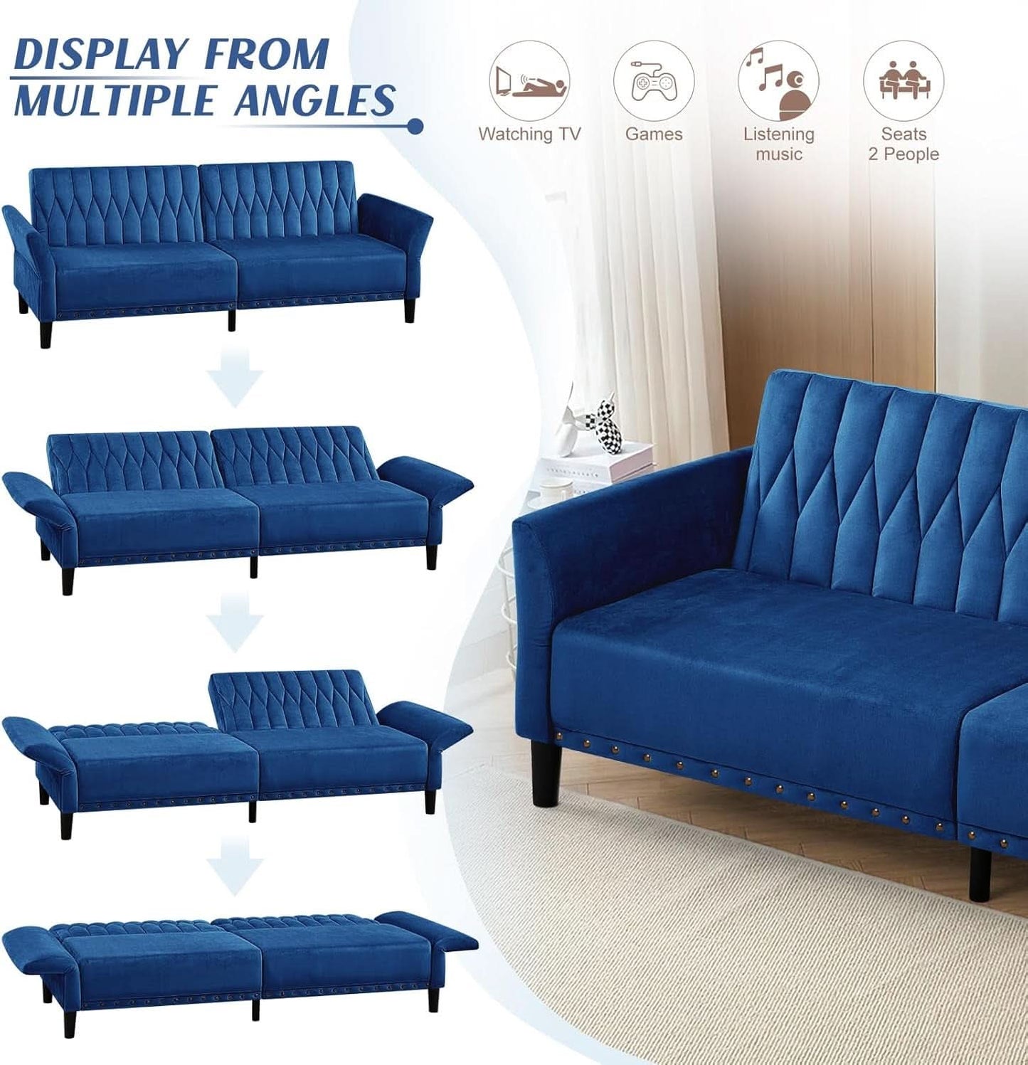 77Inch Velvet Convertible Sofa Bed Featuring Armrests-4