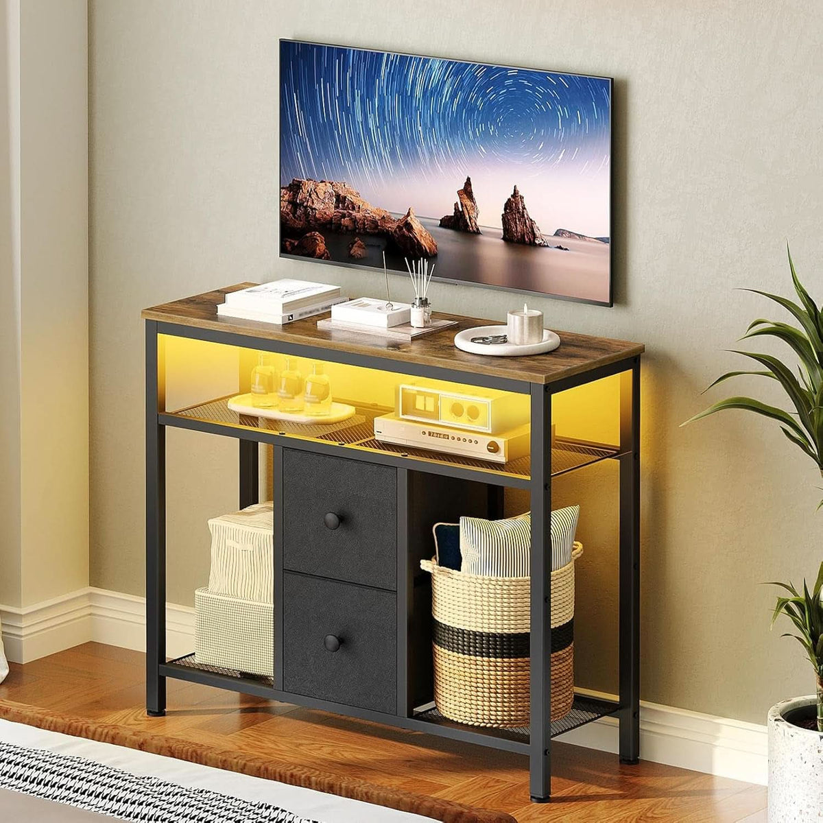Black Rustic Entertainment Center With LED Illumination
