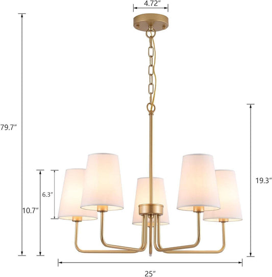 Five Light Gilded Farmhouse Chandelier With White Shades-1