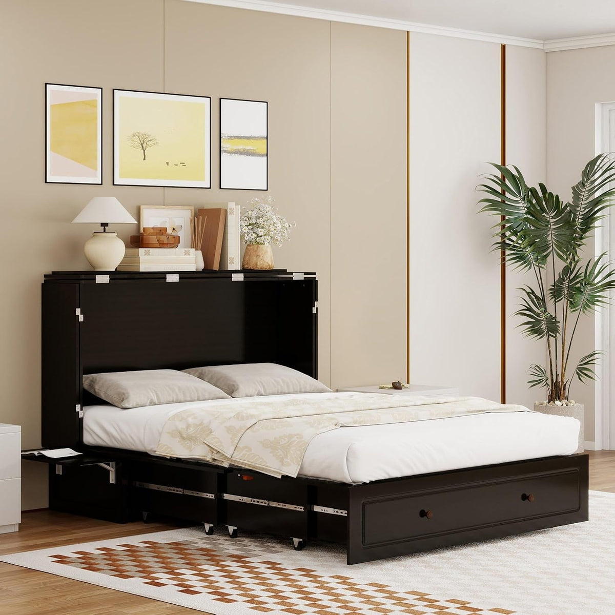 Queen Murphy Bed Cabinet Contemporary Black Finish