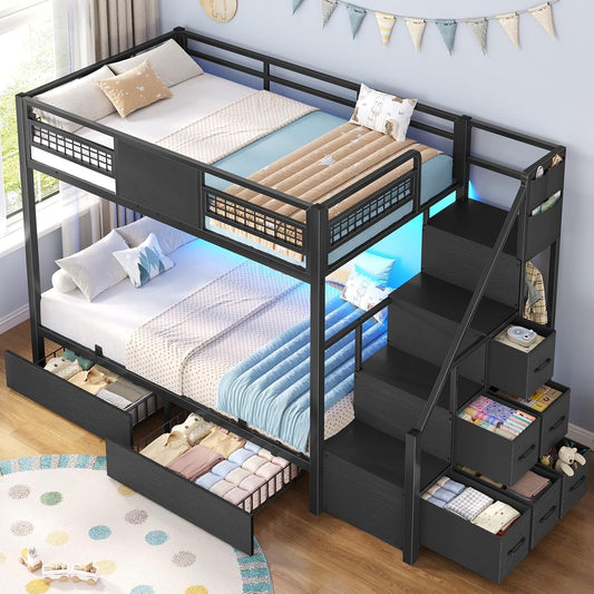 Metal Twin Sturdy Bunk Bed With Integrated Storage Drawers