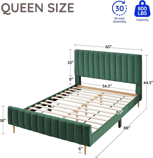 Queen Size Velvet Platform Bed EmeraldGreen Headboard