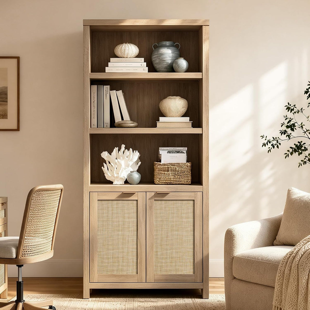 Tall Rattan Bookcase Featuring Five Adjustable Shelves